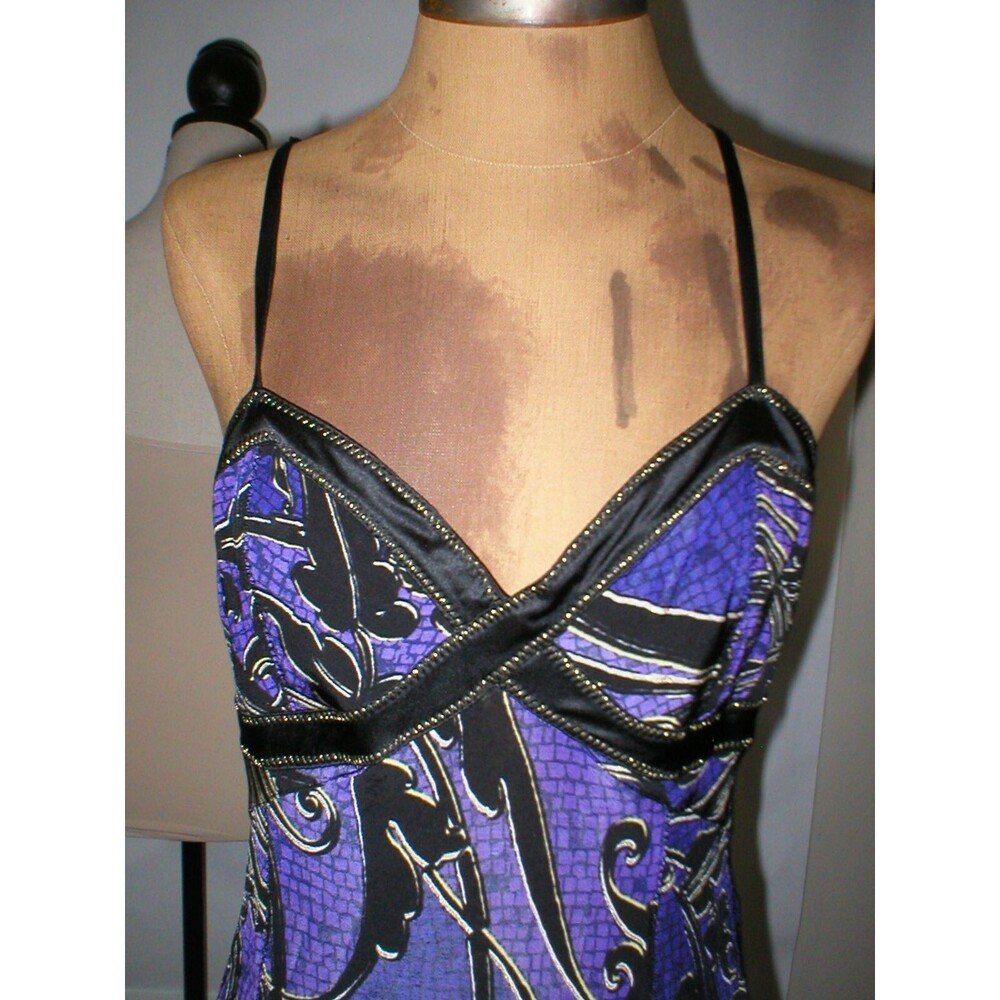 New Womens 8 NWT Italy Just Cavalli Purple Metallic Black Ruffle Print Dress 44 - Picture 2 of 12